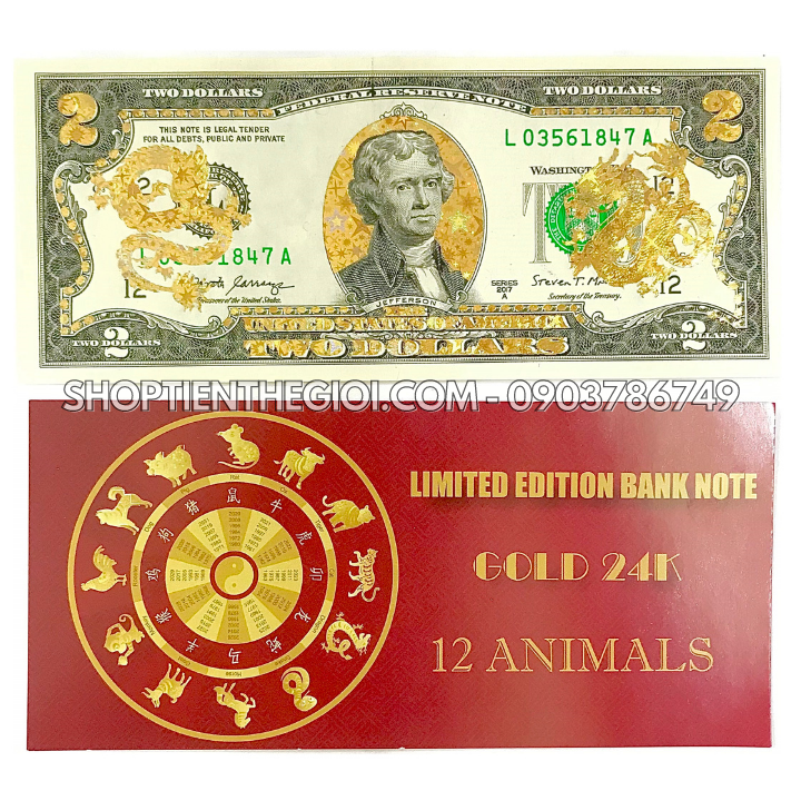 Tiền 2 USD in hình Con Rồng 3D nhũ vàng 